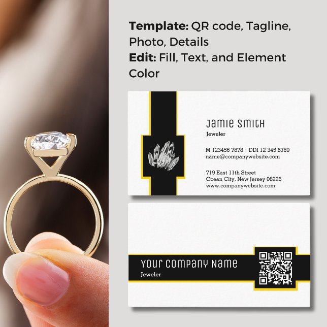 Carte de visite moderne de joaillier avec code QR  (Professional Black and White QR Code Jeweler Business Card, Custom Photo)