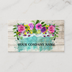 Carte De Visite Moderne Design Bois Floral Turquoise Aquarelle
