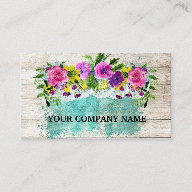 Carte De Visite Moderne Design Bois Floral Turquoise Aquarelle (Devant)