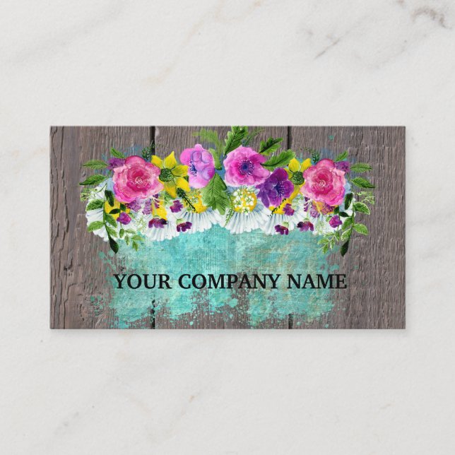 Carte De Visite Moderne Design Bois Floral Turquoise Aquarelle Bu (Devant)