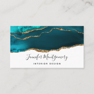 Carte De Visite Moderne Design Turquoise & Or Agate sur blanc