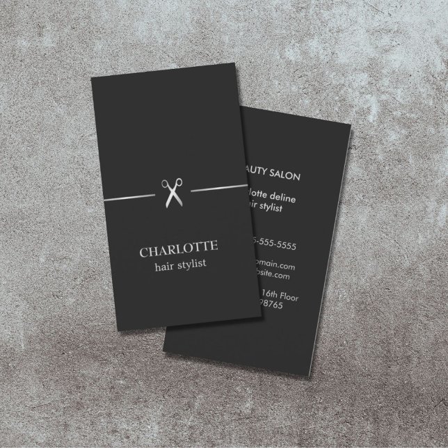 Carte De Visite Moderne Elegant Chic Faux Argent Black Hair Stylis (Créateur téléchargé)