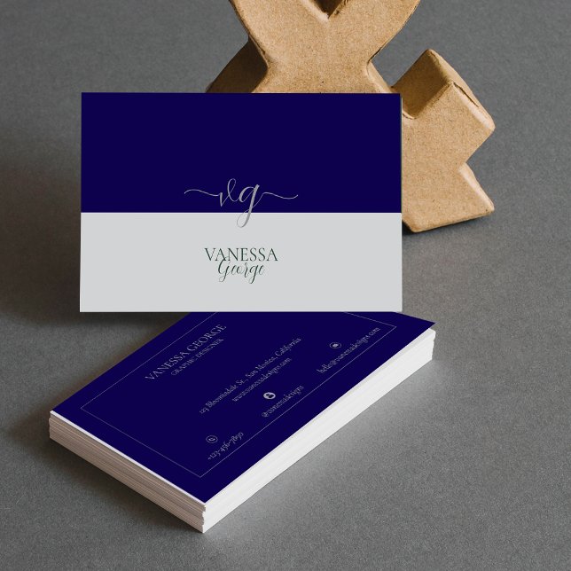 Carte De Visite Moderne Élégant Cute Blue Grey Monogramme personna (Modern Elegant Cute Blue Grey Monogram Custom Business Card)