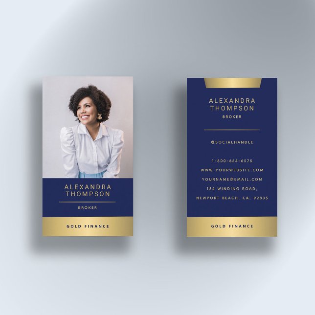 Carte De Visite Moderne Elegant Marine Gold CEO Photo professionne (real estate photo business card navy blue gold elegant simple modern professional broker agent)
