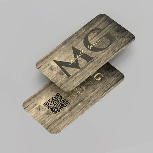 Carte De Visite Moderne Élégant Monogramme Bois de travail QR