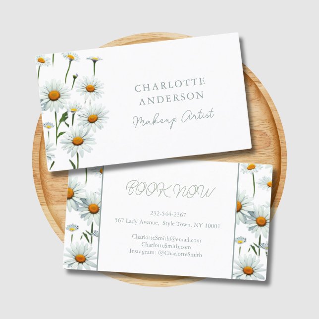 Carte De Visite Moderne Elégante Basique Blanche Florale tendance (Modern daisy business card.)