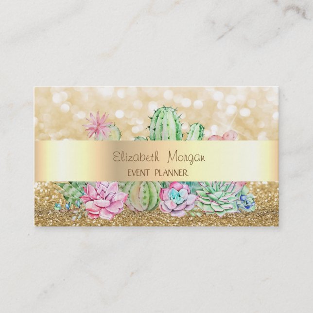 Carte De Visite Moderne Élégante Glitterie, Bokeh, Cactus (Devant)