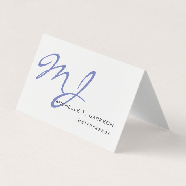 Carte De Visite Moderne et élégant Monogramme Bleu Coiffeur blanc (Devant)