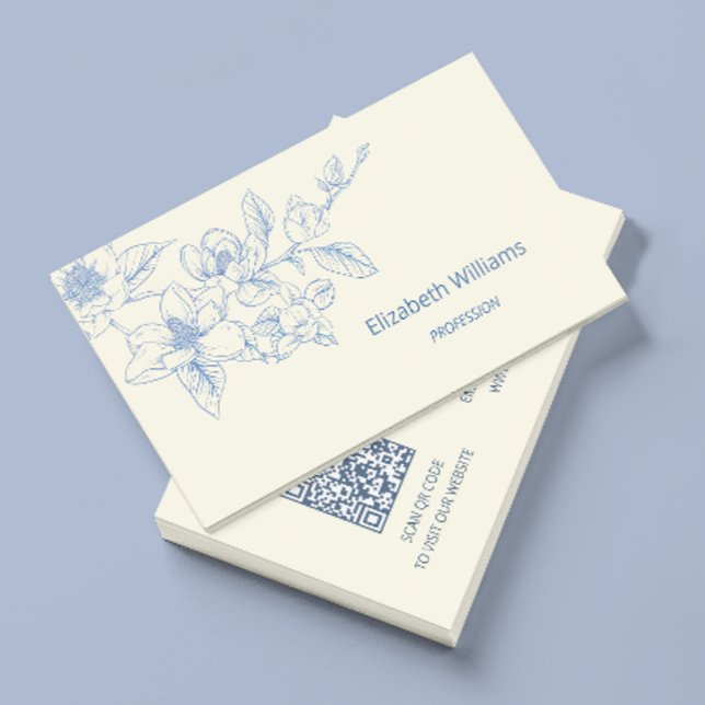 Carte De Visite Moderne Floral Crème Bleue Magnolia | Code QR (Créateur téléchargé)