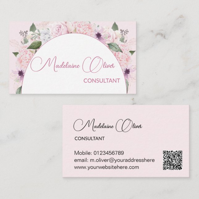 Carte De Visite Moderne Floral Rose Blanc Élégant Feminine QR Code (Devant / Derrière)