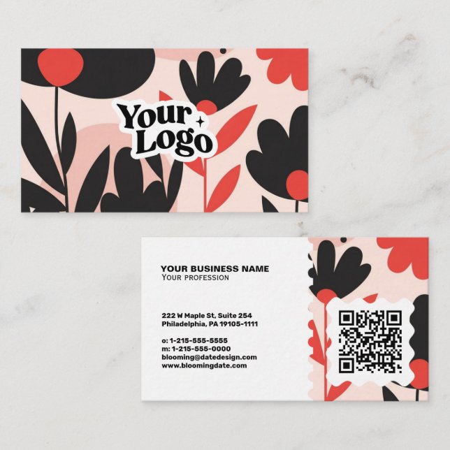 Carte de visite moderne florale – Code QR et logo (Devant / Derrière)