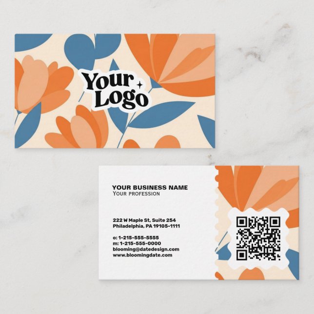 Carte de visite moderne florale – Code QR et logo (Devant / Derrière)