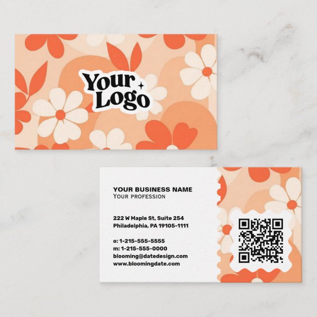 Carte de visite moderne florale – Code QR et logo (Devant / Derrière)