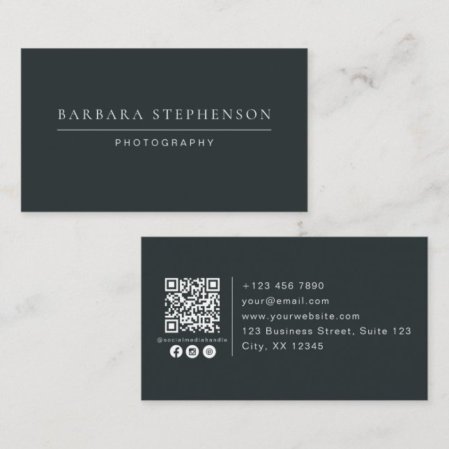 Carte De Visite Moderne foncé, simple, code qr, photo (Devant / Derrière)