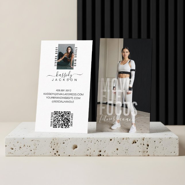 Carte De Visite Moderne Gras Script Calligraphie Fitness Photo QR (Modern Bold Script Calligraphy Fitness Photo QR Business Card)