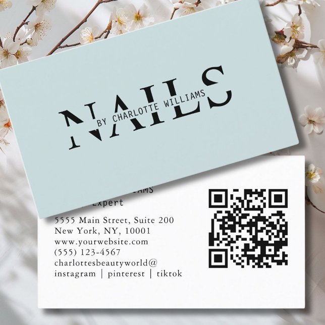 Carte De Visite Moderne, Gris Bleu, Code QR (Modern, Gray-Blue, QR Code Business Card. Perfect for Beauty, Nails, Lashes, Hair experts and more.)