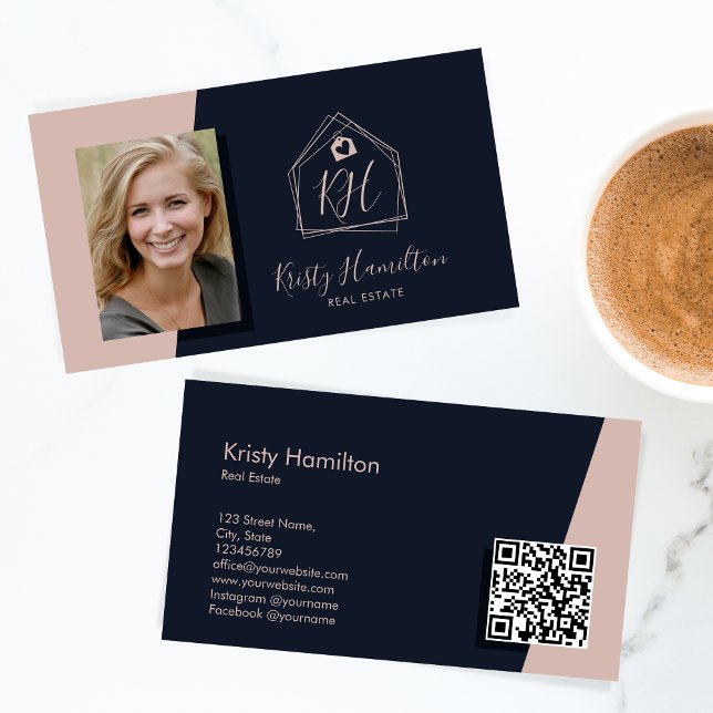 Carte De Visite Moderne Immobilier Professionnel Marine Blush QR C (Créateur téléchargé)