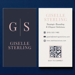 Carte de visite moderne luxe Navy et rose QR Code