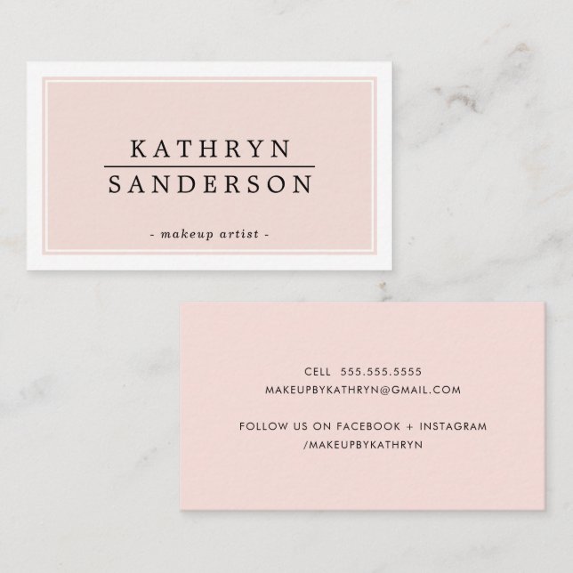 Carte De Visite MODERNE MINIMAL design bordure rose pâle noir (Devant / Derrière)