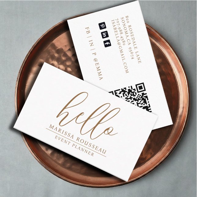 Carte De Visite Moderne minimaliste or Hello Event Planner QR Code (Créateur téléchargé)