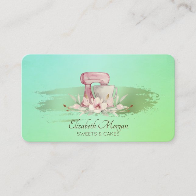 Carte De Visite Moderne Mixer Rose à fleurs Gold Brush Stroke Vert (Devant)