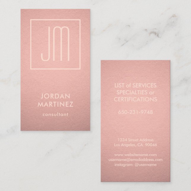 Carte De Visite Moderne Monogramme Rose Gold Faux Foil Vertical (Devant / Derrière)