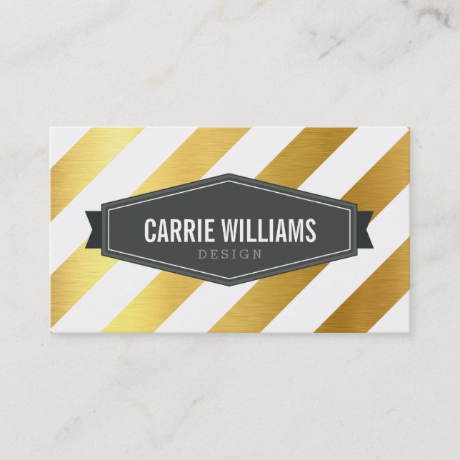 Carte De Visite MODERNE MOTIF à bandes inclinées logo feuille or (Devant)