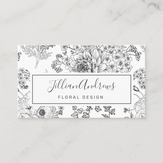 Carte De Visite Moderne noir blanc Rose Floral Design Professionne (Devant)