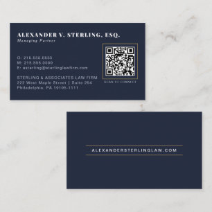 Carte De Visite Moderne Or Navy Minuit Or Code QR Professionnel