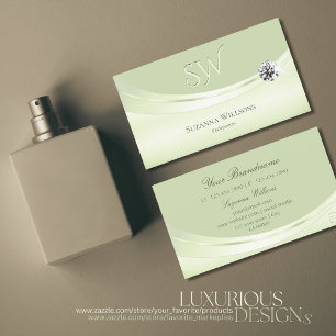 Carte De Visite Moderne Pastel Sage Vert avec Monogramme et Diaman