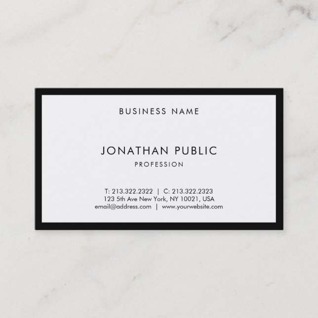 Carte De Visite Moderne Professionnel Chic Blanc Noir Élégant Plai (Devant)