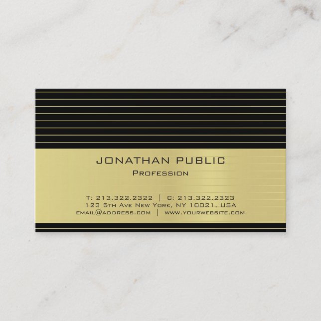 Carte De Visite Moderne Professionnel Noir Or rayé Luxe Chic (Devant)