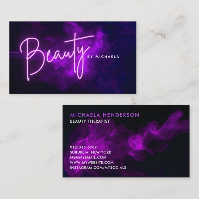 Carte De Visite Moderne Purple Neon & Smoke Nail Technician (Devant / Derrière)