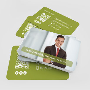 Carte de visite Moderne QR Code Photo Vert Olive 