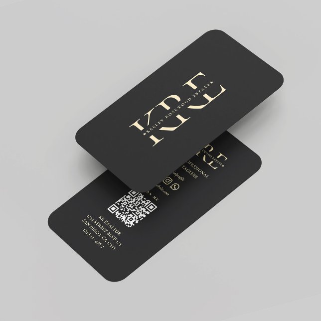 Carte De Visite Moderne Réalisateur Agent immobilier Monogramme no (Modern Realtor Monogram Real Estate Black Gold Professional Marketing QR Business Card
)