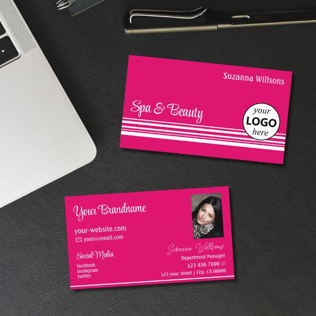 Carte De Visite Moderne rose blanc rayures chic avec logo et photo (Créateur téléchargé)