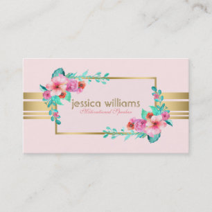 Carte De Visite Moderne, Rose pastel, Fleurs & Or Accent