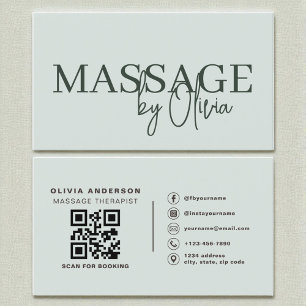 Carte De Visite Moderne Sage Green Massage Therapist QR Code