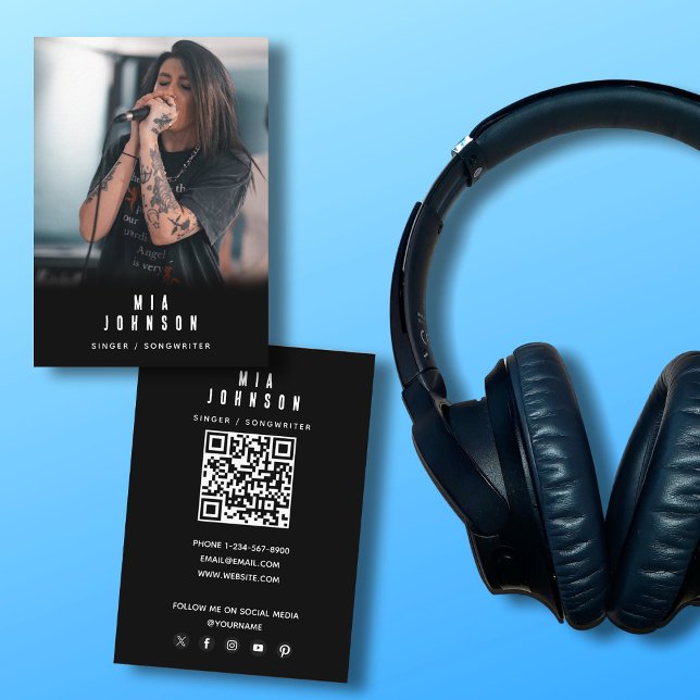 Carte De Visite Moderne Simple Chanteur Musicien Photographie Noir (Modern Simple Singer Musician Photography Black Business Card)