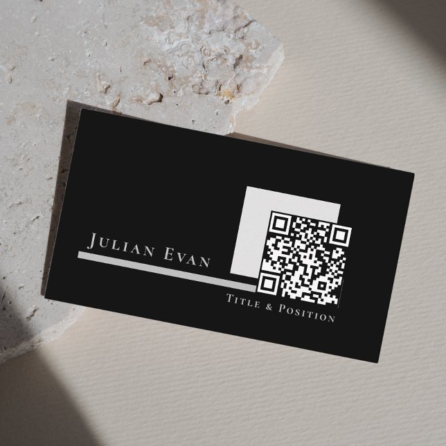 Carte De Visite Moderne simple monochrome noir et blanc QR Code (Créateur téléchargé)