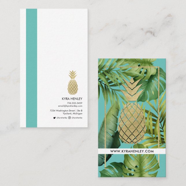 Carte De Visite Moderne Simple Tropical Feuille ananas Turquoise  (Devant / Derrière)