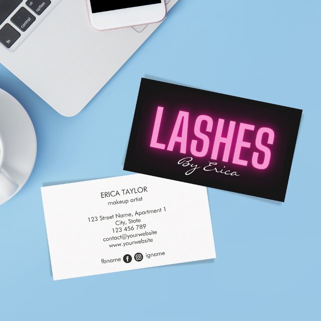 Carte De Visite Moderne tendance rose Neon Lashes Beauté Business  (Créateur téléchargé)
