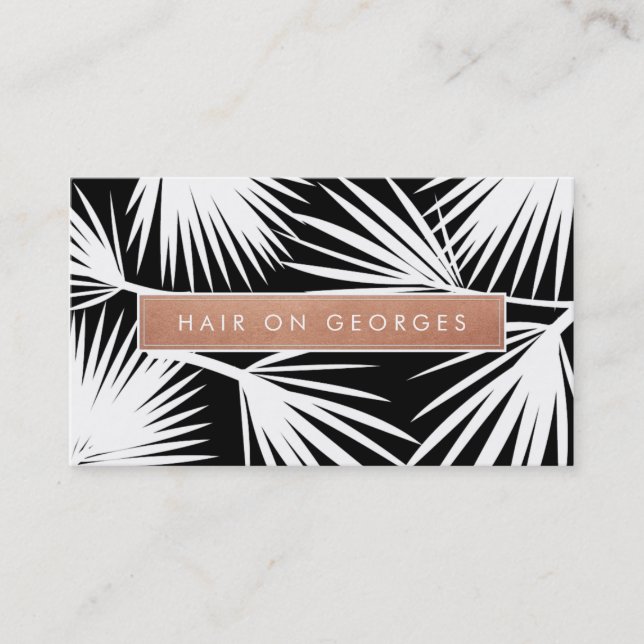 Carte De Visite MODERNE TROPICAL PALM LEAF logo tendance or rose (Devant)