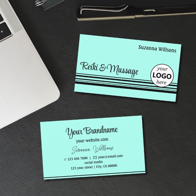 Carte De Visite Moderne Turquoise de bandes noires avec logo profe (Créateur téléchargé)