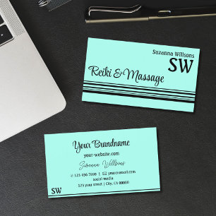 Carte De Visite Moderne Turquoise en bandes noires avec Monogramme