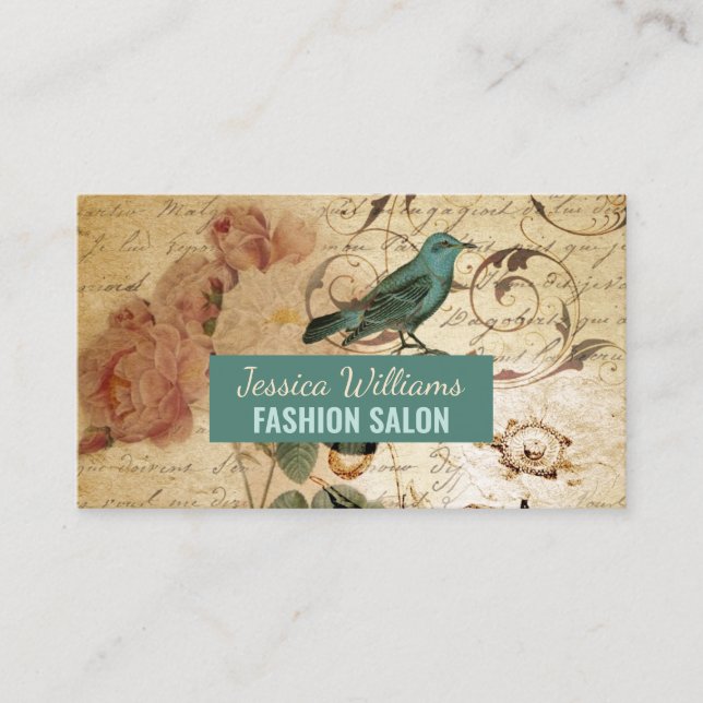 Carte De Visite Moderne Vintage français Scripts oiseau botanique (Devant)