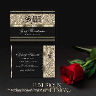 Carte De Visite Mongram de Luxe Black and Gold Glitter Stars