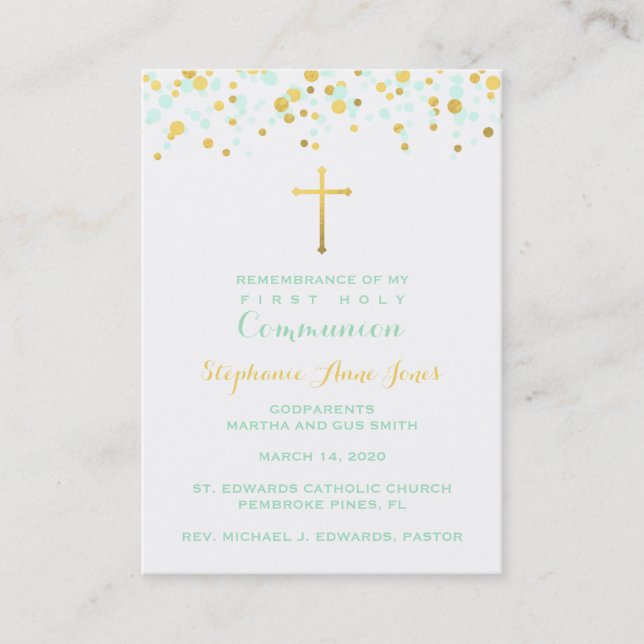 Carte De Visite Monnaie de communion et Confetti d'or (Devant)