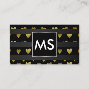 Carte De Visite Monogram Cœurs Dorés Rayures