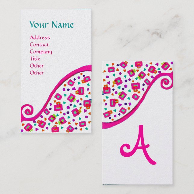 Carte De Visite MONOGRAM DÉCO ABSTRAIT rose Fuchsia Pearl blanche (Devant / Derrière)